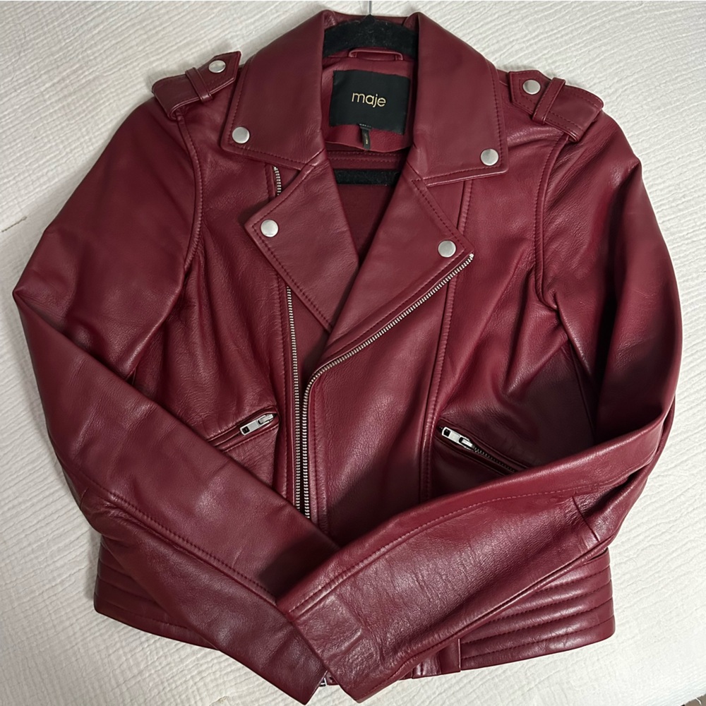 MAJE Leather Moto Jacket in burgundy  size 36 Small